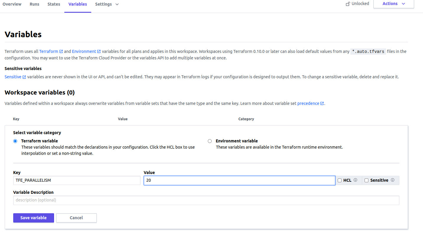 Workspace TFE_PARALLELISM variable